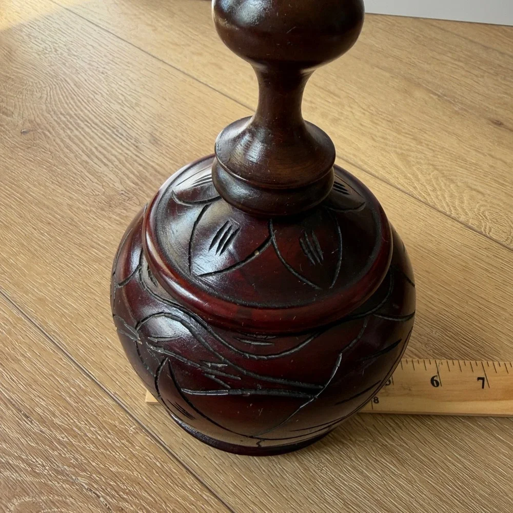 Vintage Hand Carved Wooden Jar with Lid Floral Etched Decorative Vessel Brown